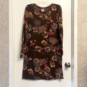 IVY JANE Vintage Part-Wool Brown Floral Dress with Sheer Sleeves